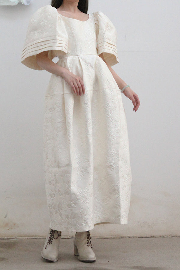 MING MA Quilted Cotton Puff Sleeve Flower Bud Dress AW21-DR13-WTJAC